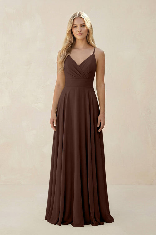Spaghetti Strap A - Line Chiffon Bridesmaid Dress in Espresso - SHE IS ME Bridesmaid Dresses