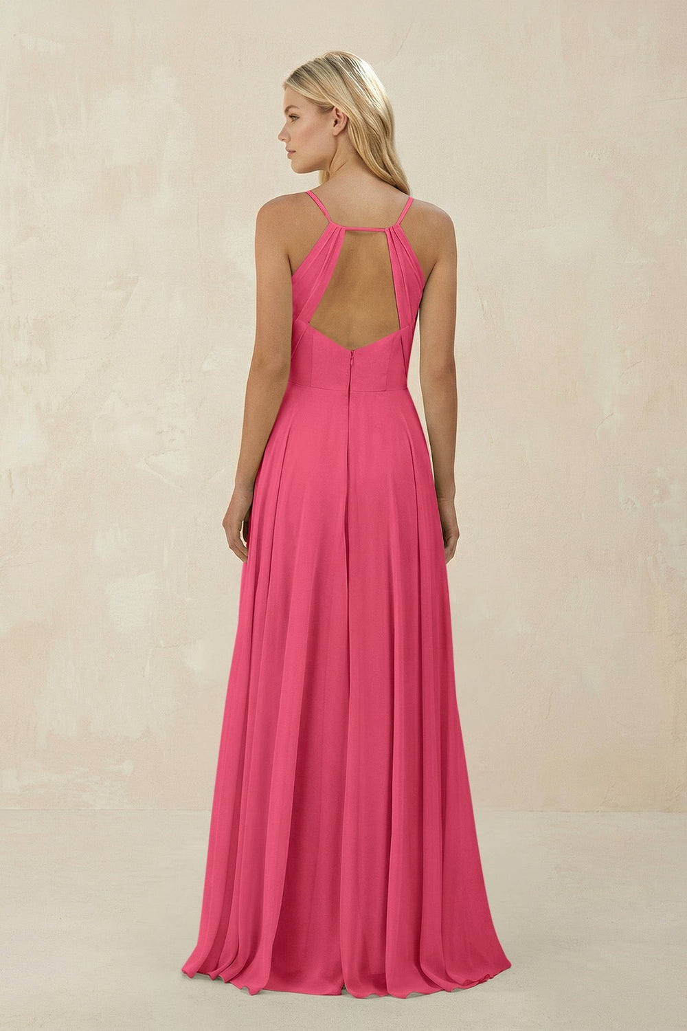 Spaghetti Strap A - Line Chiffon Bridesmaid Dress in Fuchsia - KISS BRIDAL Bridesmaid Dresses