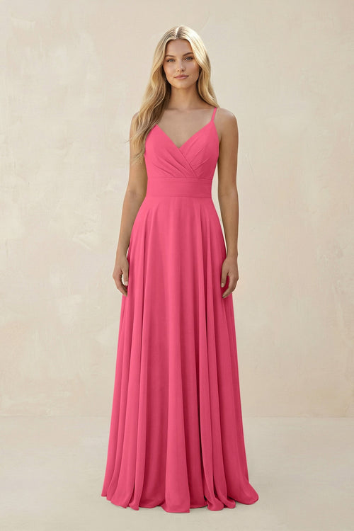 Spaghetti Strap A - Line Chiffon Bridesmaid Dress in Fuchsia - KISS BRIDAL Bridesmaid Dresses