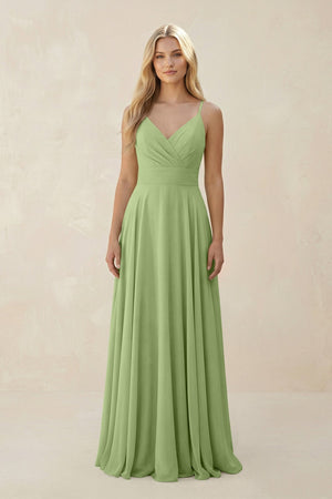 Spaghetti Strap A - Line Chiffon Bridesmaid Dress in Matcha - SHE IS ME Bridesmaid Dresses