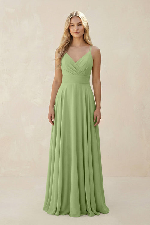 Spaghetti Strap A - Line Chiffon Bridesmaid Dress in Matcha - SHE IS ME Bridesmaid Dresses