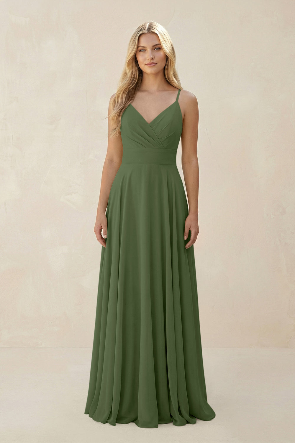 Spaghetti Strap A-Line Chiffon Bridesmaid Dress in Moss