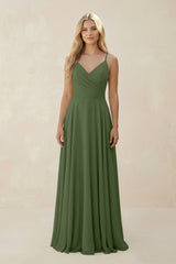 Spaghetti Strap A-Line Chiffon Bridesmaid Dress in Moss | KISSBRIDAL