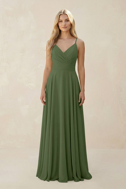 Spaghetti Strap A-Line Chiffon Bridesmaid Dress in Moss | KISSBRIDAL
