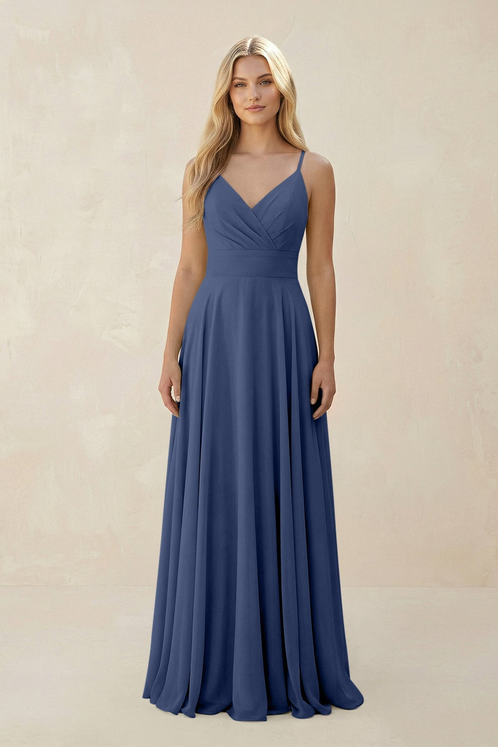 Spaghetti Strap A - Line Chiffon Bridesmaid Dress in Navy - KISS BRIDAL Bridesmaid Dresses
