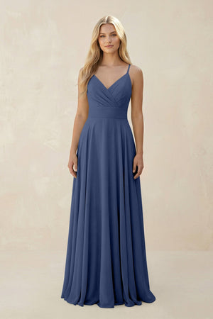 Spaghetti Strap A - Line Chiffon Bridesmaid Dress in Navy - KISS BRIDAL Bridesmaid Dresses