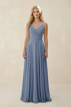 Spaghetti Strap A - Line Chiffon Bridesmaid Dress in Neptune - KISS BRIDAL Bridesmaid Dresses