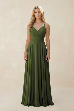 Spaghetti Strap A - Line Chiffon Bridesmaid Dress in Olive - KISS BRIDAL Bridesmaid Dresses