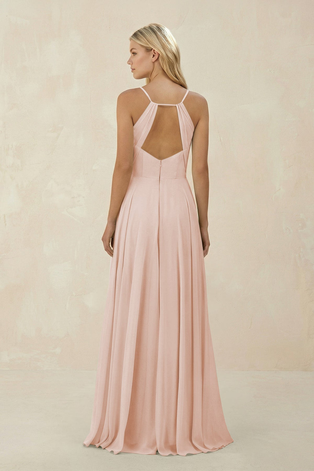 Spaghetti Strap A - Line Chiffon Bridesmaid Dress in Pale Blush - KISS BRIDAL Bridesmaid Dresses