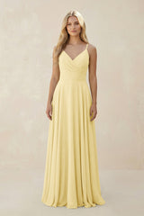 Spaghetti Strap A - Line Chiffon Bridesmaid Dress in Pastel Yellow - KISS BRIDAL Bridesmaid Dresses