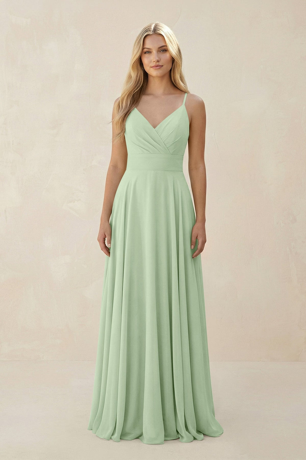 Spaghetti Strap A - Line Chiffon Bridesmaid Dress in Sage - SHE IS ME Bridesmaid Dresses