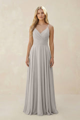 Spaghetti Strap A - Line Chiffon Bridesmaid Dress in Silver - KISS BRIDAL Bridesmaid Dresses