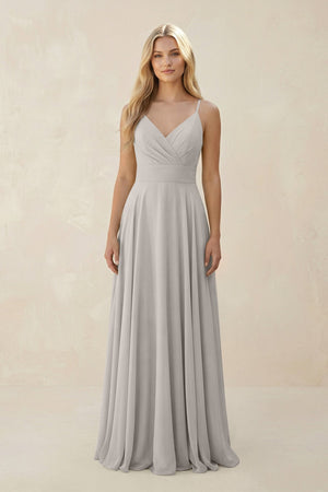 Spaghetti Strap A - Line Chiffon Bridesmaid Dress in Silver - KISS BRIDAL Bridesmaid Dresses