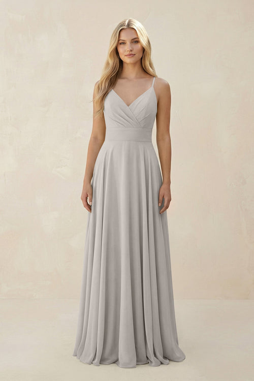 Spaghetti Strap A - Line Chiffon Bridesmaid Dress in Silver - KISS BRIDAL Bridesmaid Dresses