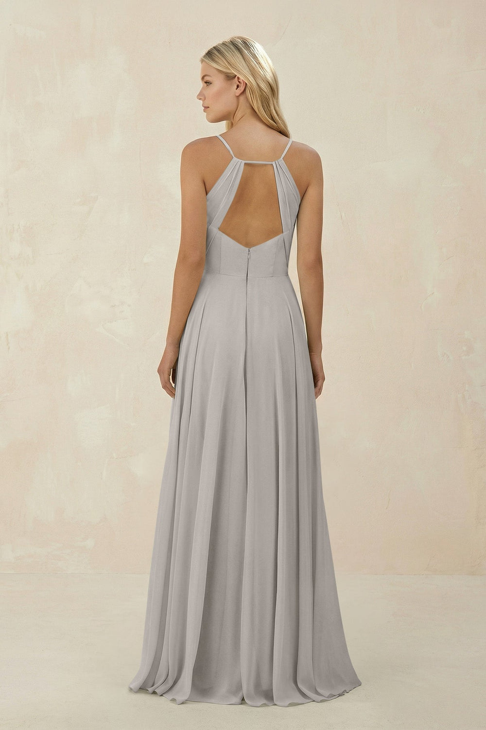 Spaghetti Strap A - Line Chiffon Bridesmaid Dress in Silver - KISS BRIDAL Bridesmaid Dresses