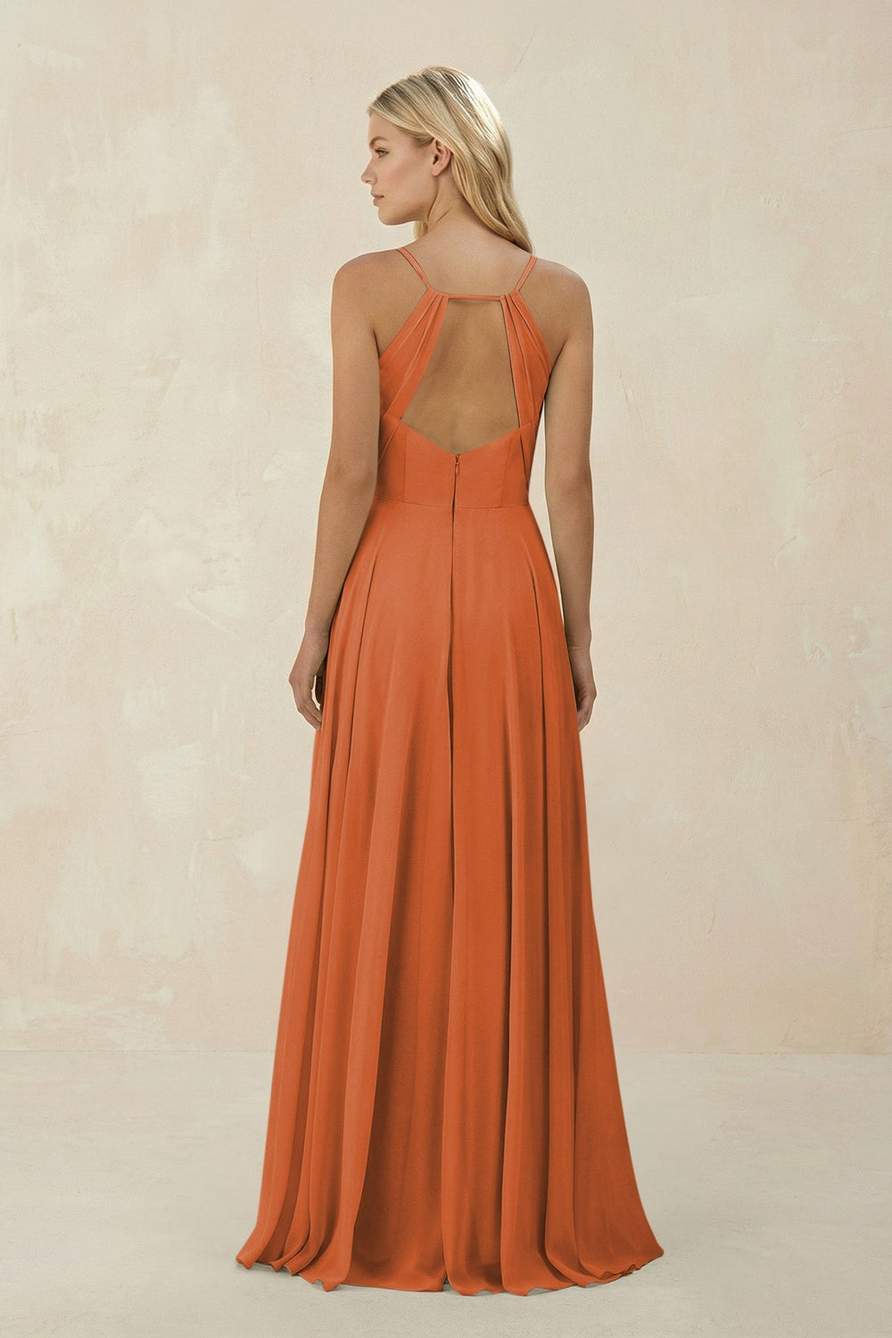 Spaghetti Strap A - Line Chiffon Bridesmaid Dress in Terracotta - KISS BRIDAL Bridesmaid Dresses
