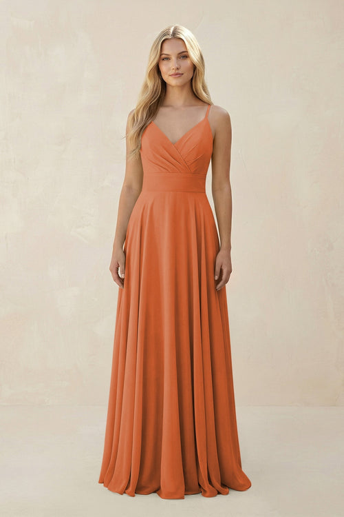 Spaghetti Strap A - Line Chiffon Bridesmaid Dress in Terracotta - KISS BRIDAL Bridesmaid Dresses
