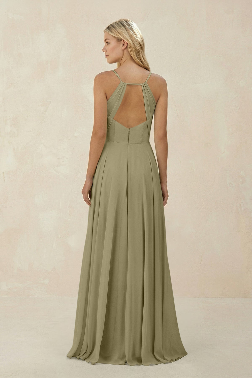 Spaghetti Strap A - Line Chiffon Bridesmaid Dress in Thyme - SHE IS ME Bridesmaid Dresses