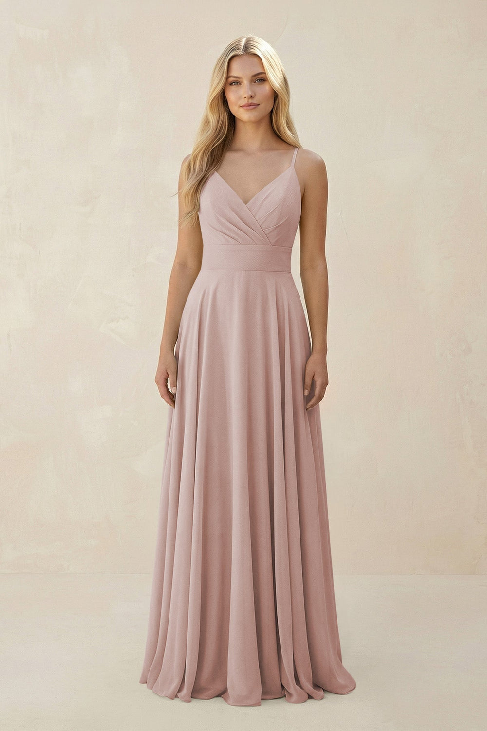 Spaghetti Strap A - Line Chiffon Bridesmaid Dress in Toffee - KISS BRIDAL Bridesmaid Dresses