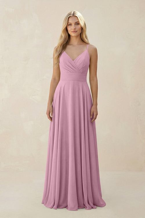 Spaghetti Strap A - Line Chiffon Bridesmaid Dress in Vintage Mauve - KISS BRIDAL Bridesmaid Dresses