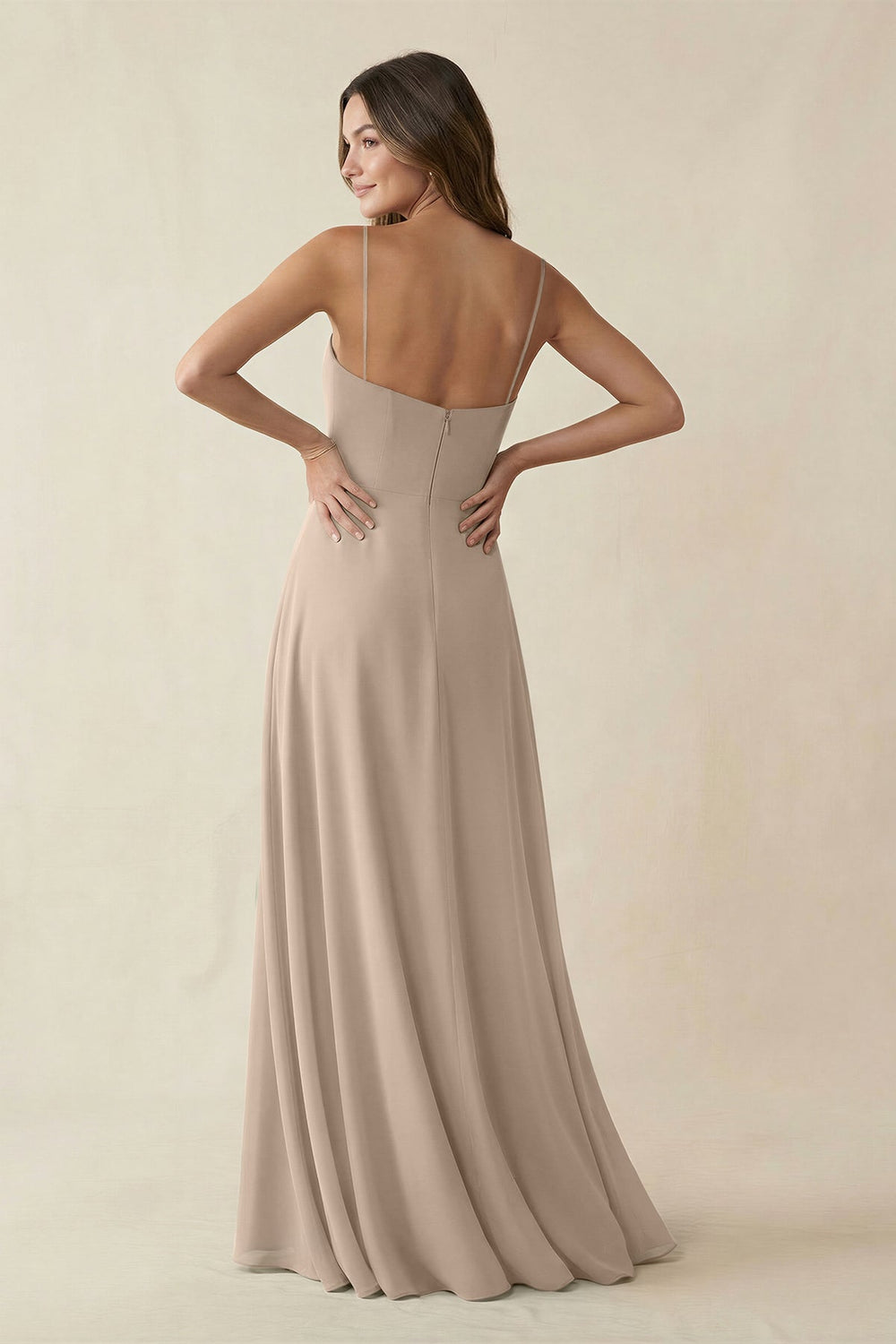 Spaghetti Strap A - Line Chiffon Maxi Bridesmaid Dress in Almond - KISS BRIDAL Bridesmaid Dresses