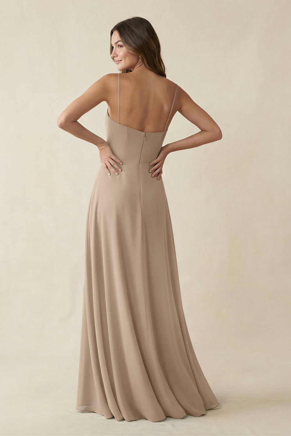 Spaghetti Strap A-Line Chiffon Maxi Bridesmaid Dress in Almond