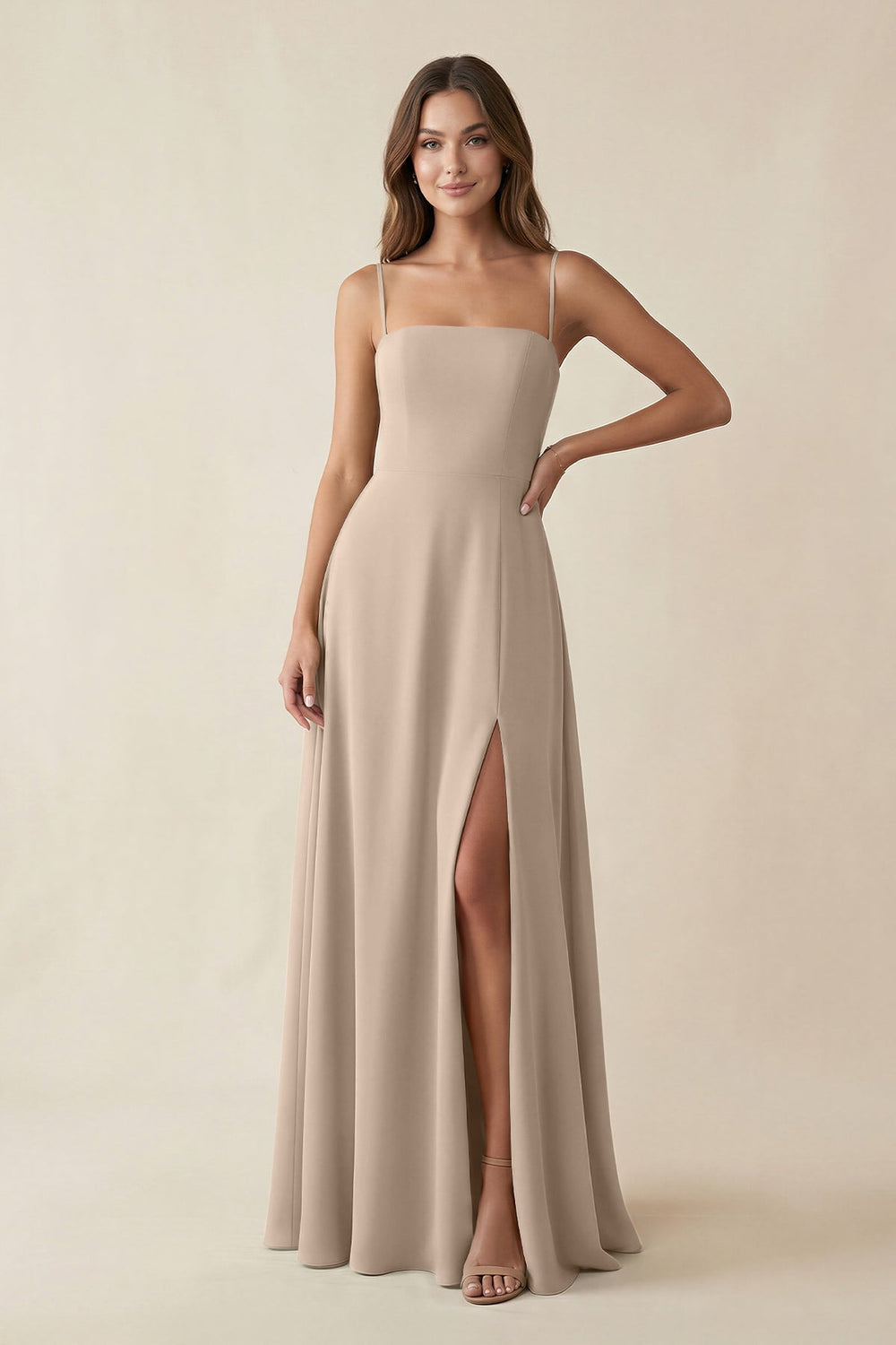 Spaghetti Strap A - Line Chiffon Maxi Bridesmaid Dress in Almond - KISS BRIDAL Bridesmaid Dresses