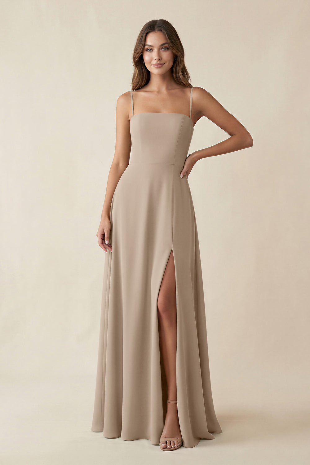 Spaghetti Strap A-Line Chiffon Maxi Bridesmaid Dress in Almond