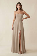 Spaghetti Strap A-Line Chiffon Maxi Bridesmaid Dress in Almond | KISSBRIDAL