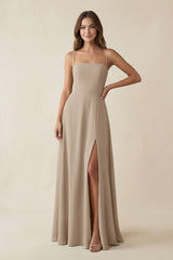 Spaghetti Strap A-Line Chiffon Maxi Bridesmaid Dress in Almond | KISSBRIDAL