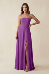 Spaghetti Strap A - Line Chiffon Maxi Bridesmaid Dress in Amethyst - KISS BRIDAL Bridesmaid Dresses