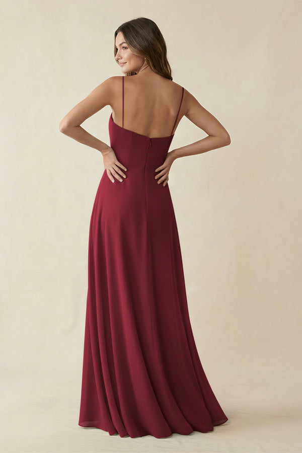 Spaghetti Strap A-Line Chiffon Maxi Bridesmaid Dress in Berry (2) | KISSBRIDAL
