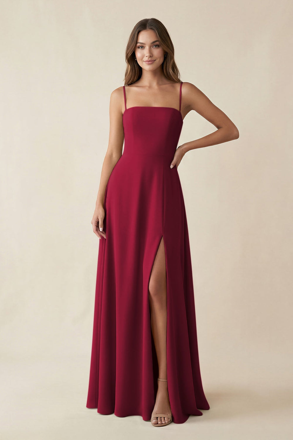 Spaghetti Strap A - Line Chiffon Maxi Bridesmaid Dress in Berry - KISS BRIDAL Bridesmaid Dresses