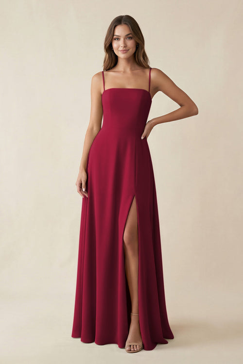 Spaghetti Strap A - Line Chiffon Maxi Bridesmaid Dress in Berry - SHE IS ME Bridesmaid Dresses