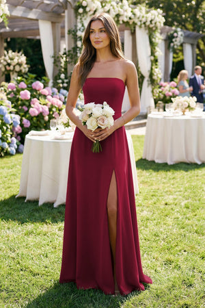 Spaghetti Strap A - Line Chiffon Maxi Bridesmaid Dress in Berry - SHE IS ME Bridesmaid Dresses