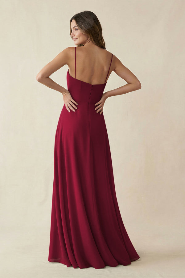 Spaghetti Strap A - Line Chiffon Maxi Bridesmaid Dress in Berry - SHE IS ME Bridesmaid Dresses
