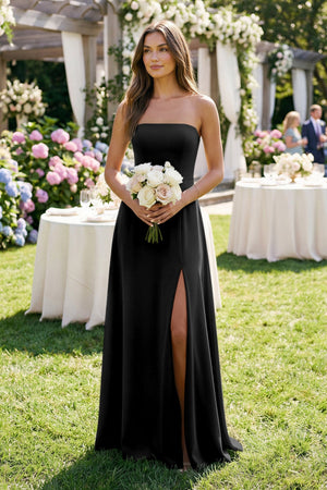 Spaghetti Strap A - Line Chiffon Maxi Bridesmaid Dress in Black - SHE IS ME Bridesmaid Dresses