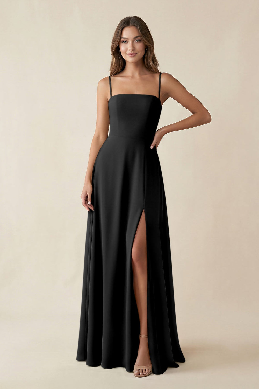Spaghetti Strap A - Line Chiffon Maxi Bridesmaid Dress in Black - KISS BRIDAL Bridesmaid Dresses