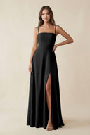 Spaghetti Strap A - Line Chiffon Maxi Bridesmaid Dress in Black - SHE IS ME Bridesmaid Dresses