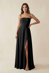 Spaghetti Strap A - Line Chiffon Maxi Bridesmaid Dress in Black - KISS BRIDAL Bridesmaid Dresses