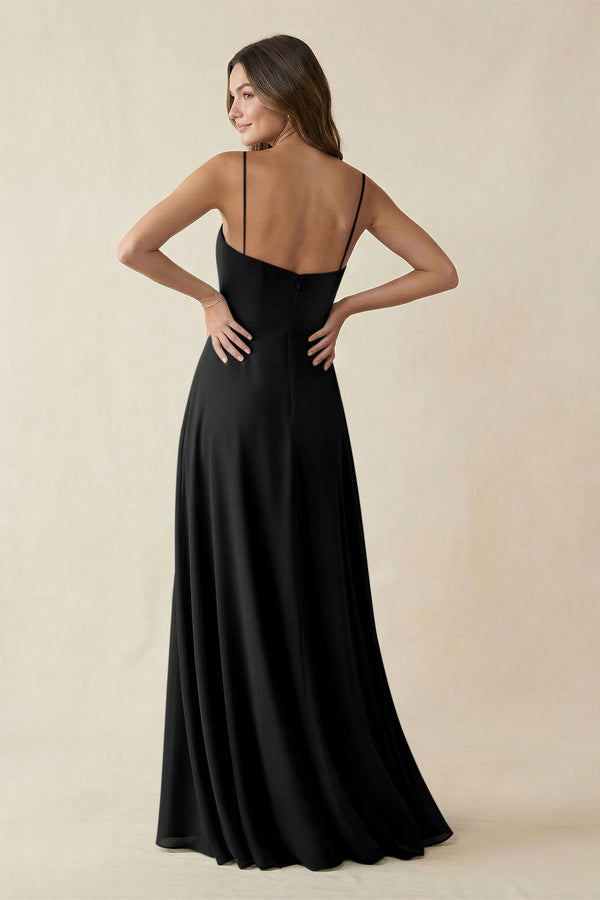 Spaghetti Strap A - Line Chiffon Maxi Bridesmaid Dress in Black - SHE IS ME Bridesmaid Dresses