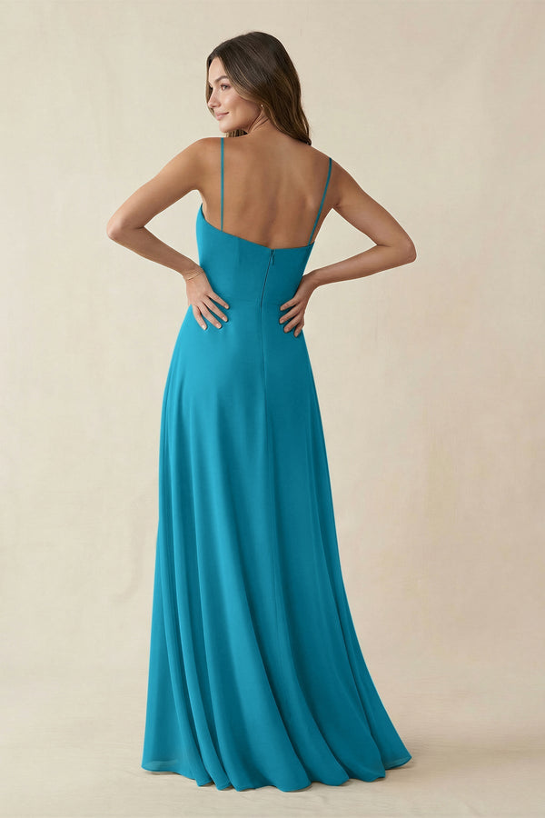 Spaghetti Strap A - Line Chiffon Maxi Bridesmaid Dress in Blue Jay - SHE IS ME Bridesmaid Dresses