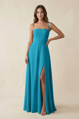 Spaghetti Strap A - Line Chiffon Maxi Bridesmaid Dress in Blue Jay - KISS BRIDAL Bridesmaid Dresses
