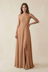 Spaghetti Strap A - Line Chiffon Maxi Bridesmaid Dress in Bronzer - KISS BRIDAL Bridesmaid Dresses
