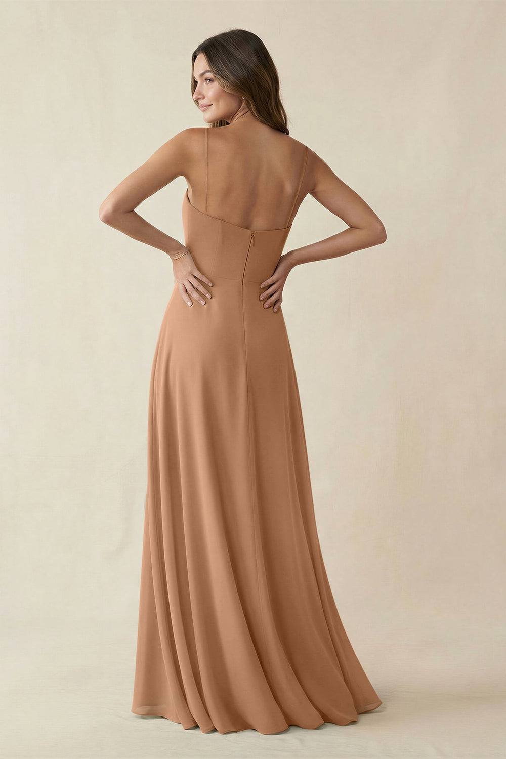Spaghetti Strap A - Line Chiffon Maxi Bridesmaid Dress in Bronzer - KISS BRIDAL Bridesmaid Dresses