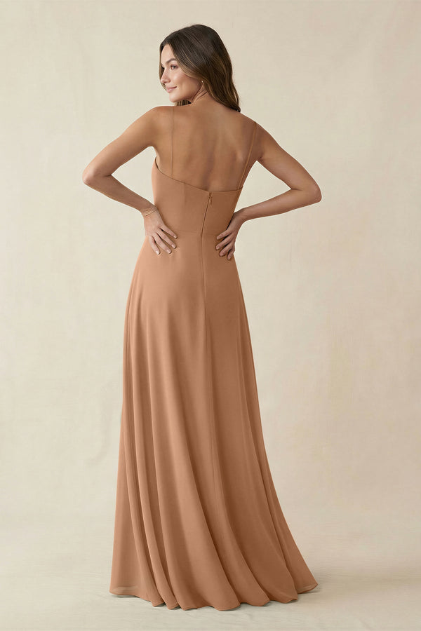 Spaghetti Strap A - Line Chiffon Maxi Bridesmaid Dress in Bronzer - SHE IS ME Bridesmaid Dresses