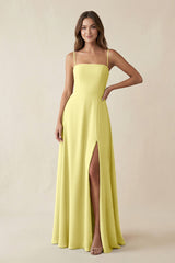 Spaghetti Strap A - Line Chiffon Maxi Bridesmaid Dress in Buttercup - KISS BRIDAL Bridesmaid Dresses