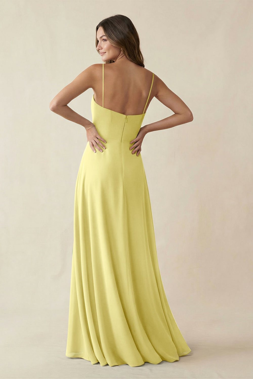 Spaghetti Strap A - Line Chiffon Maxi Bridesmaid Dress in Buttercup - KISS BRIDAL Bridesmaid Dresses