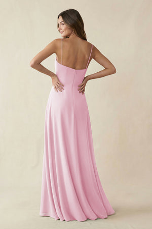 Spaghetti Strap A-Line Chiffon Maxi Bridesmaid Dress in Candy Pink (2) | KISSBRIDAL