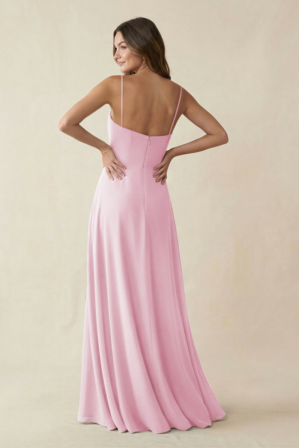 Spaghetti Strap A-Line Chiffon Maxi Bridesmaid Dress in Candy Pink (2) | KISSBRIDAL
